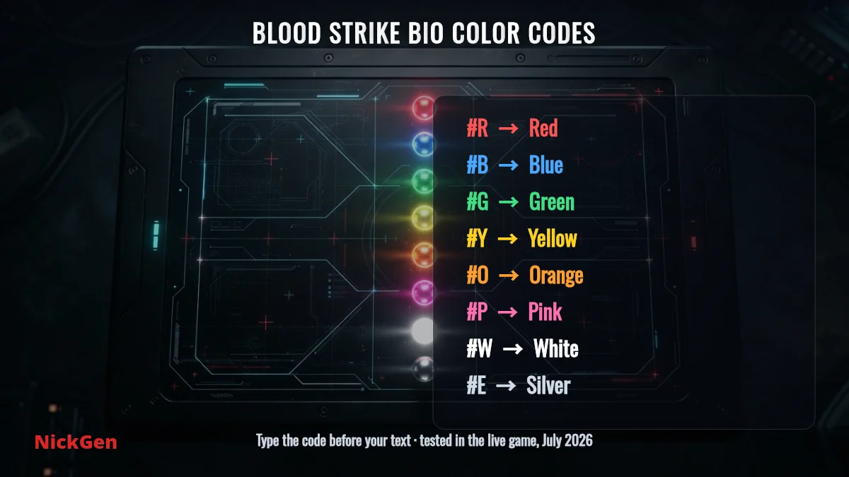 All 8 Blood Strike bio color codes: #R red, #B blue, #G green, #Y yellow, #O orange, #P pink, #W white, #E silver