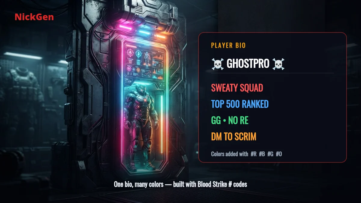 A multi-color Blood Strike bio built with #R, #B, #G and #O codes shown on a player profile