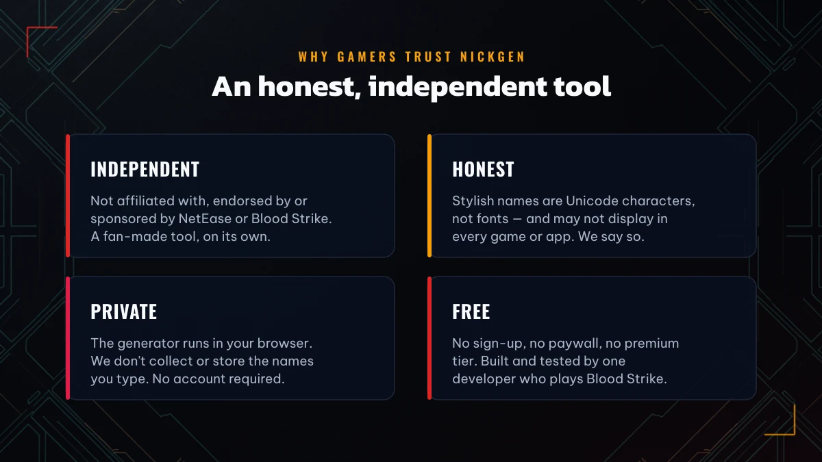 Why gamers trust NickGen — independent, honest, private and free Blood Strike name tool