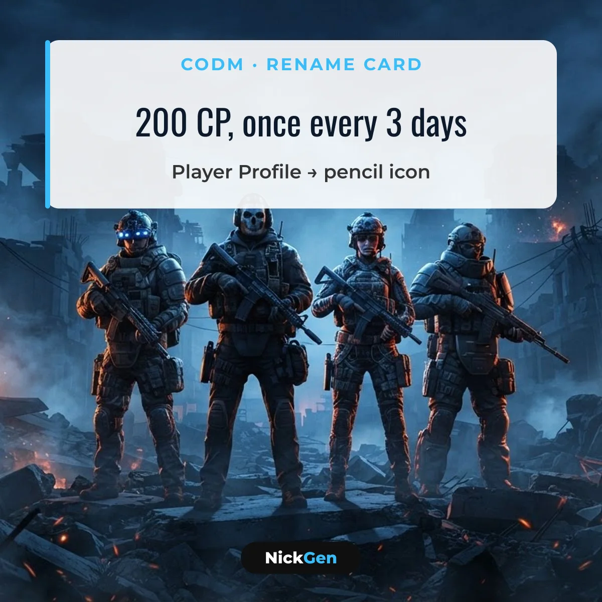 CODM rename card: 200 CP, once every 3 days