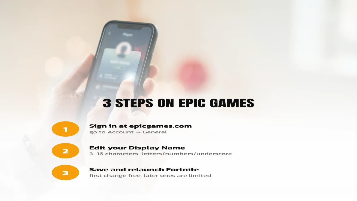 3 steps to change your Fortnite name: sign in at epicgames.com, edit Display Name, save and relaunch