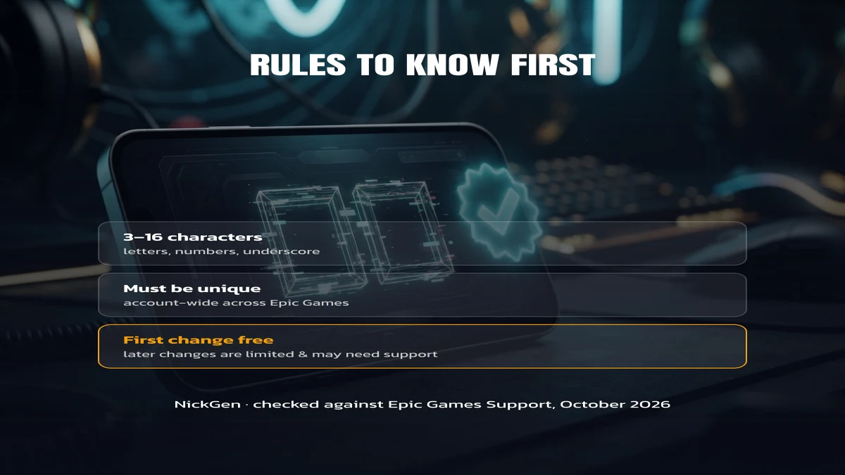Fortnite Display Name rules: 3 to 16 characters, must be unique, first change free