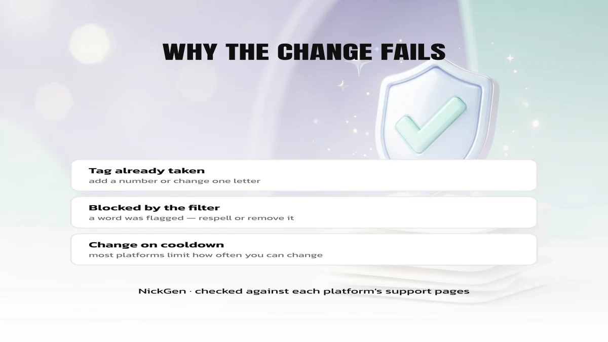 Why a gamertag change fails: tag taken, blocked by filter, on cooldown