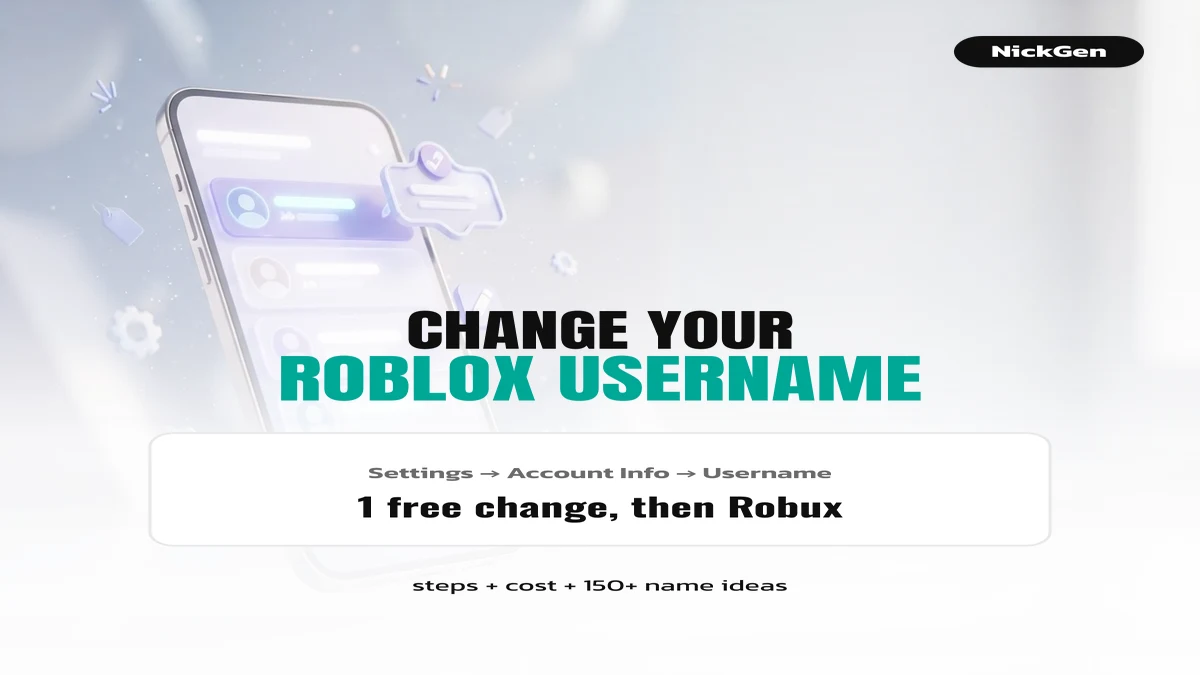 How to change your Roblox username: Settings, Account Info, Username, 1 free change then Robux