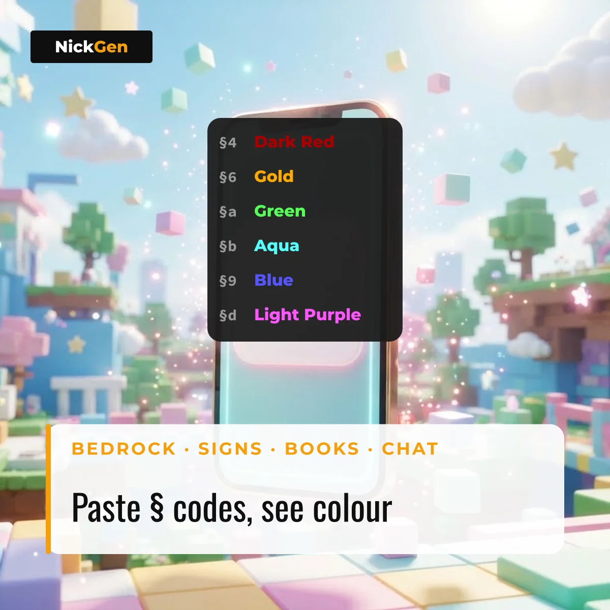Minecraft color codes preview on a phone: §4 dark red, §6 gold, §a green, §b aqua, §9 blue, §d light purple