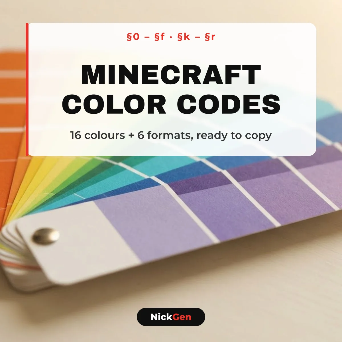 Minecraft color codes chart: 16 colours and 6 format codes from §0 to §r