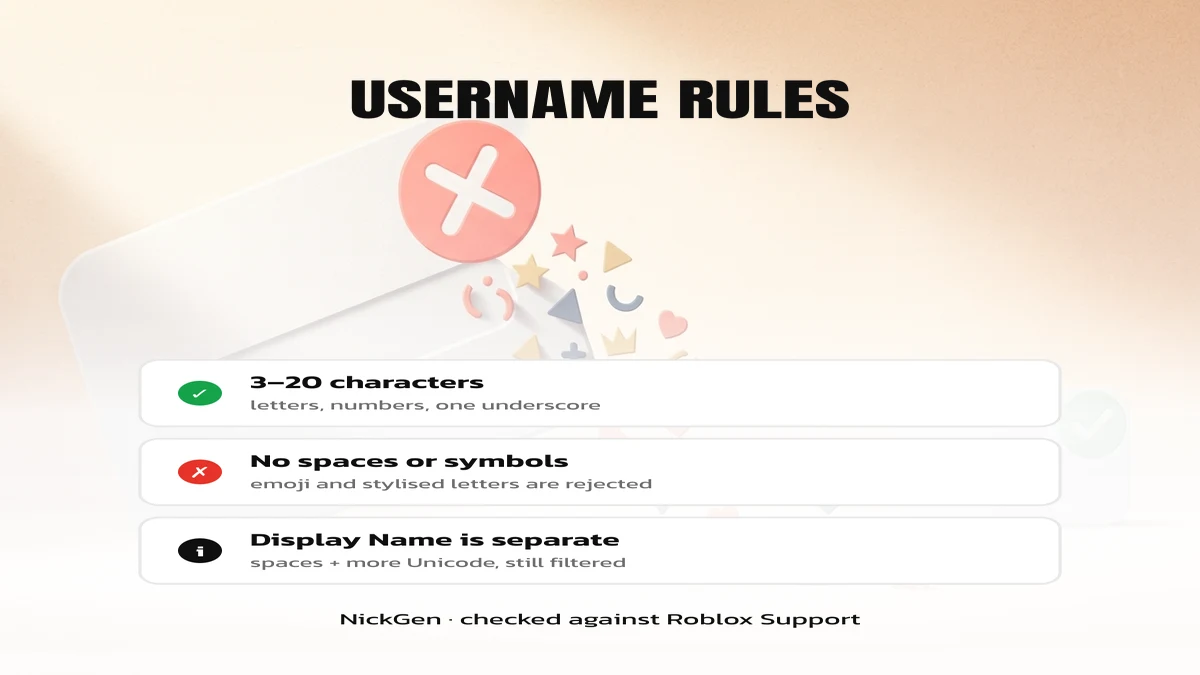 Roblox username rules: 3 to 20 characters, no spaces or symbols, Display Name is a separate field